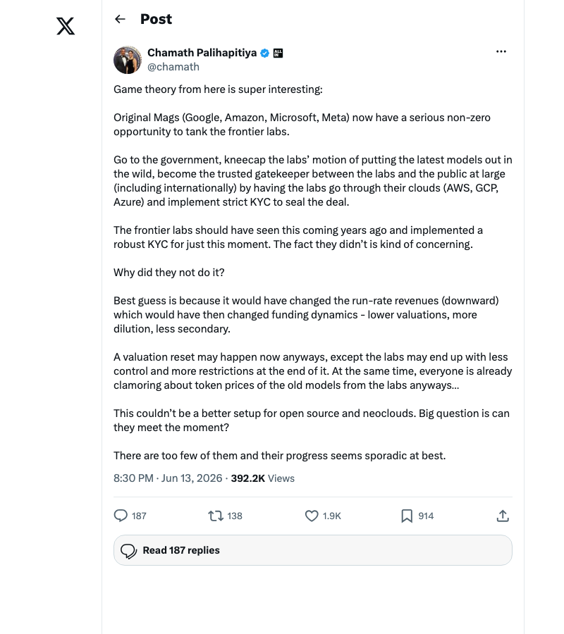 Chamath Palihapitiya tweet about incumbent tech companies weaponizing regulation against frontier labs