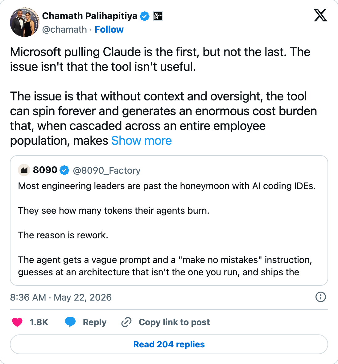 Chamath: Microsoft pulling Claude is the first, but not the last — agents without oversight spin forever