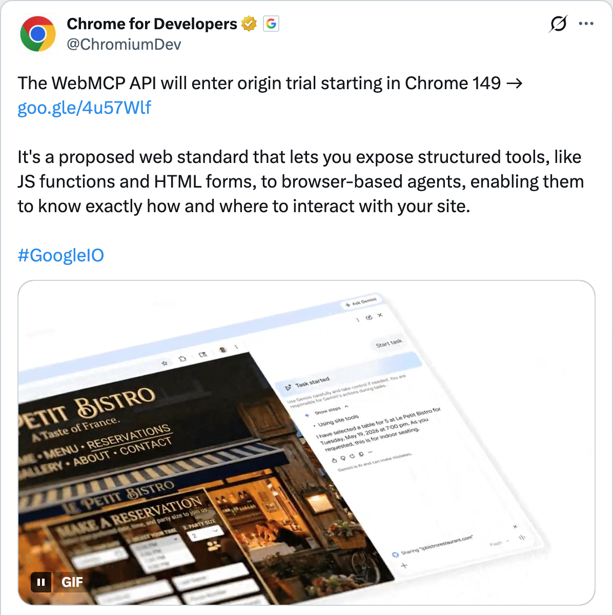ChromiumDev on X — The WebMCP API will enter origin trial starting in Chrome 149