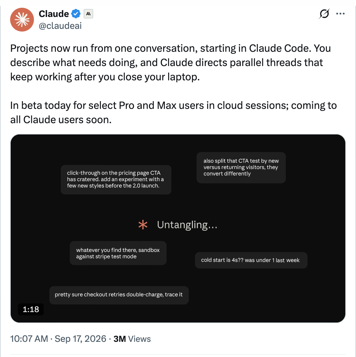 Claude on X — Projects now run from one conversation, starting in Claude Code