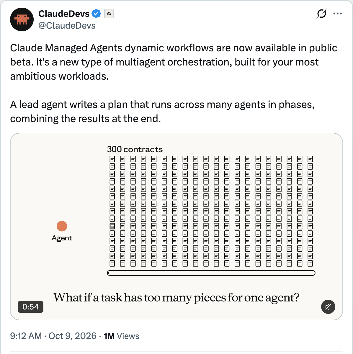 @ClaudeDevs announcing dynamic workflows public beta — a lead agent writes a plan that runs across many agents in phases, combining the results