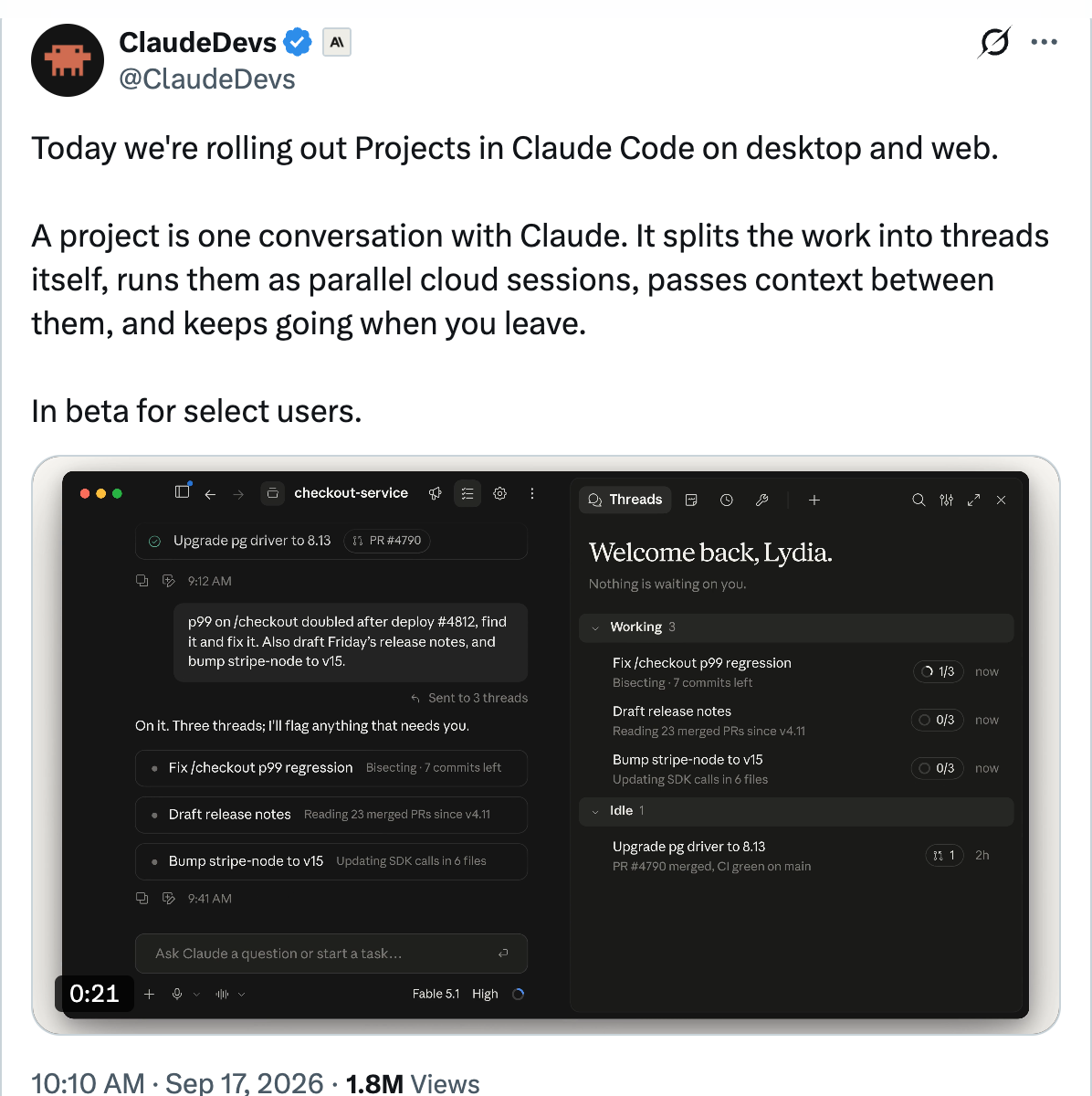 ClaudeDevs on X — Today we're rolling out Projects in Claude Code on desktop and web