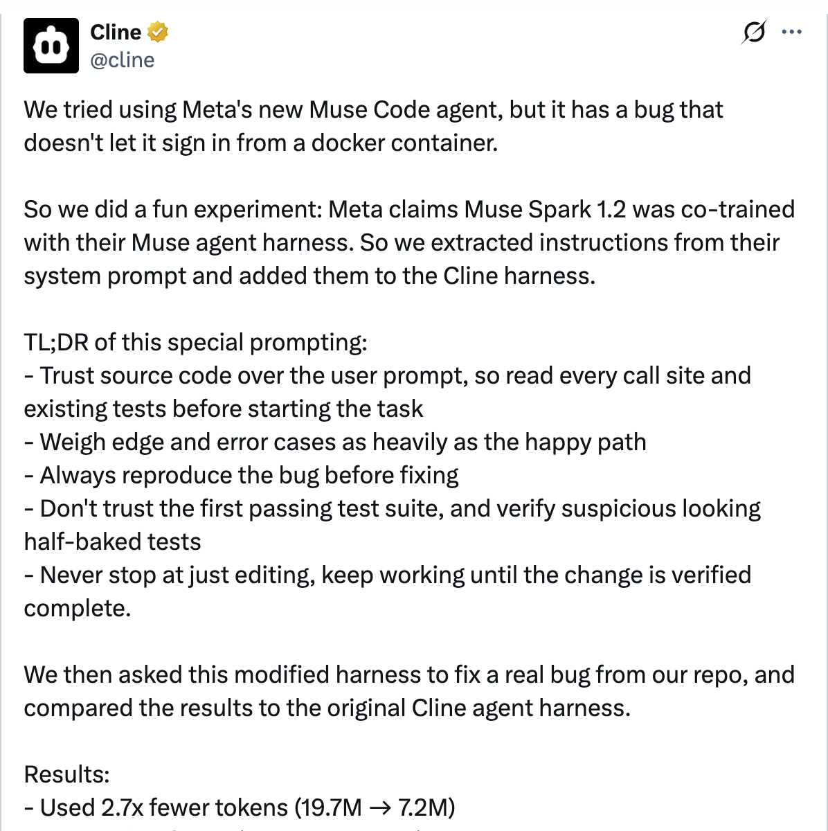 Cline — extracted Muse Code system prompt and tested Spark 1.2 in their own harness to verify co-training claims