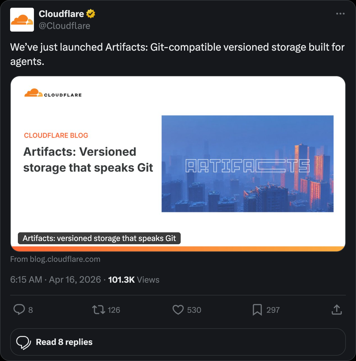 @Cloudflare: We've just launched Artifacts: Git-compatible versioned storage built for agents.