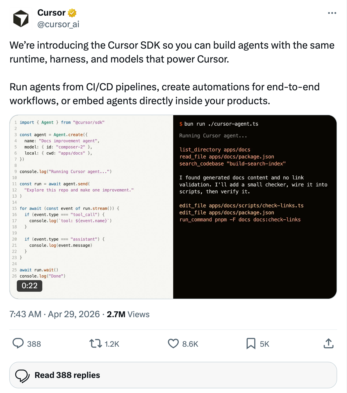 Cursor SDK launch — agent runtime substrate