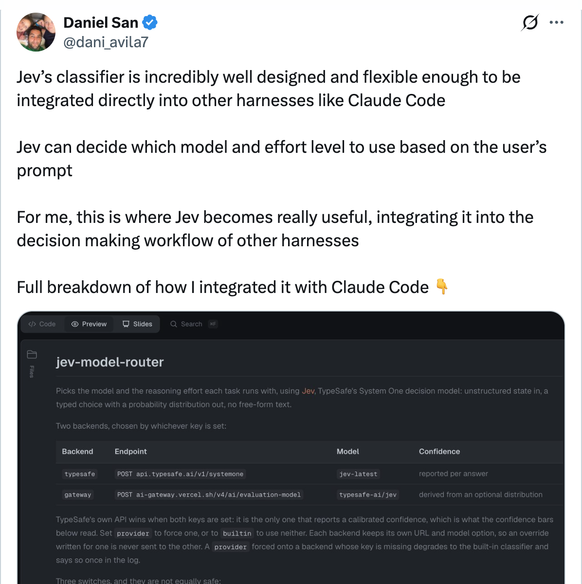 Daniel San on X: Jev's classifier is incredibly well designed and flexible enough to be integrated directly into other harnesses like Claude Code