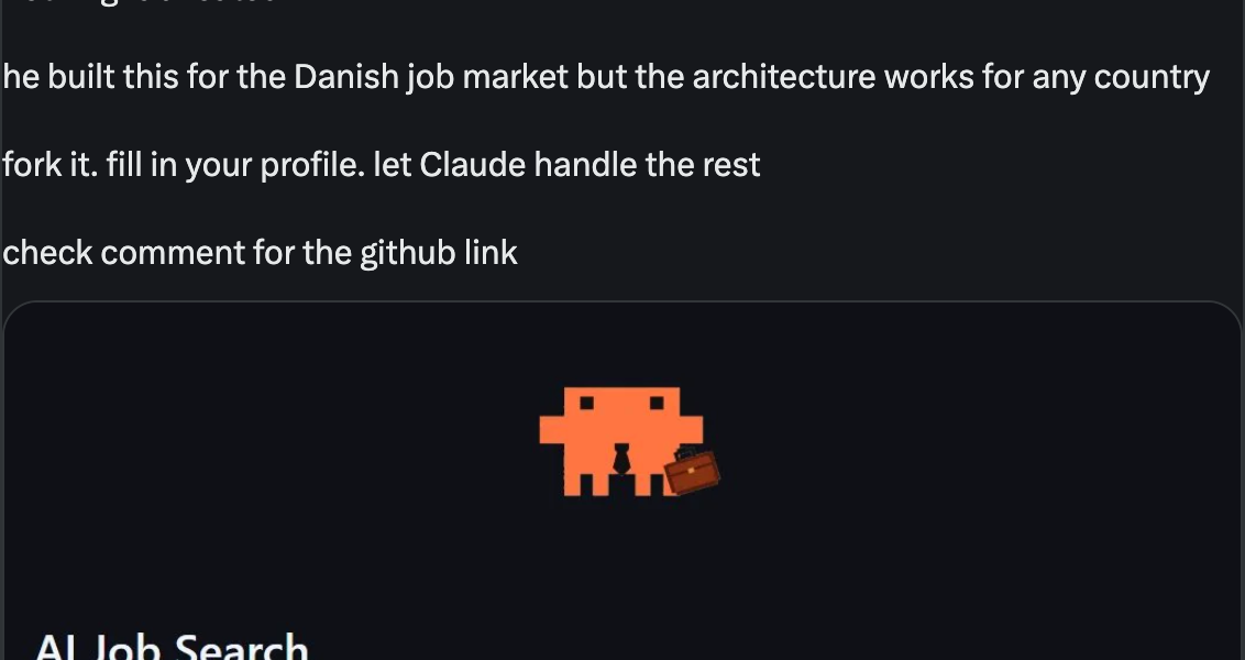 Lian Lim on X — Mads Lorentzen, a PhD geophysicist built an open source AI job search framework with Claude Code and released it under MIT license