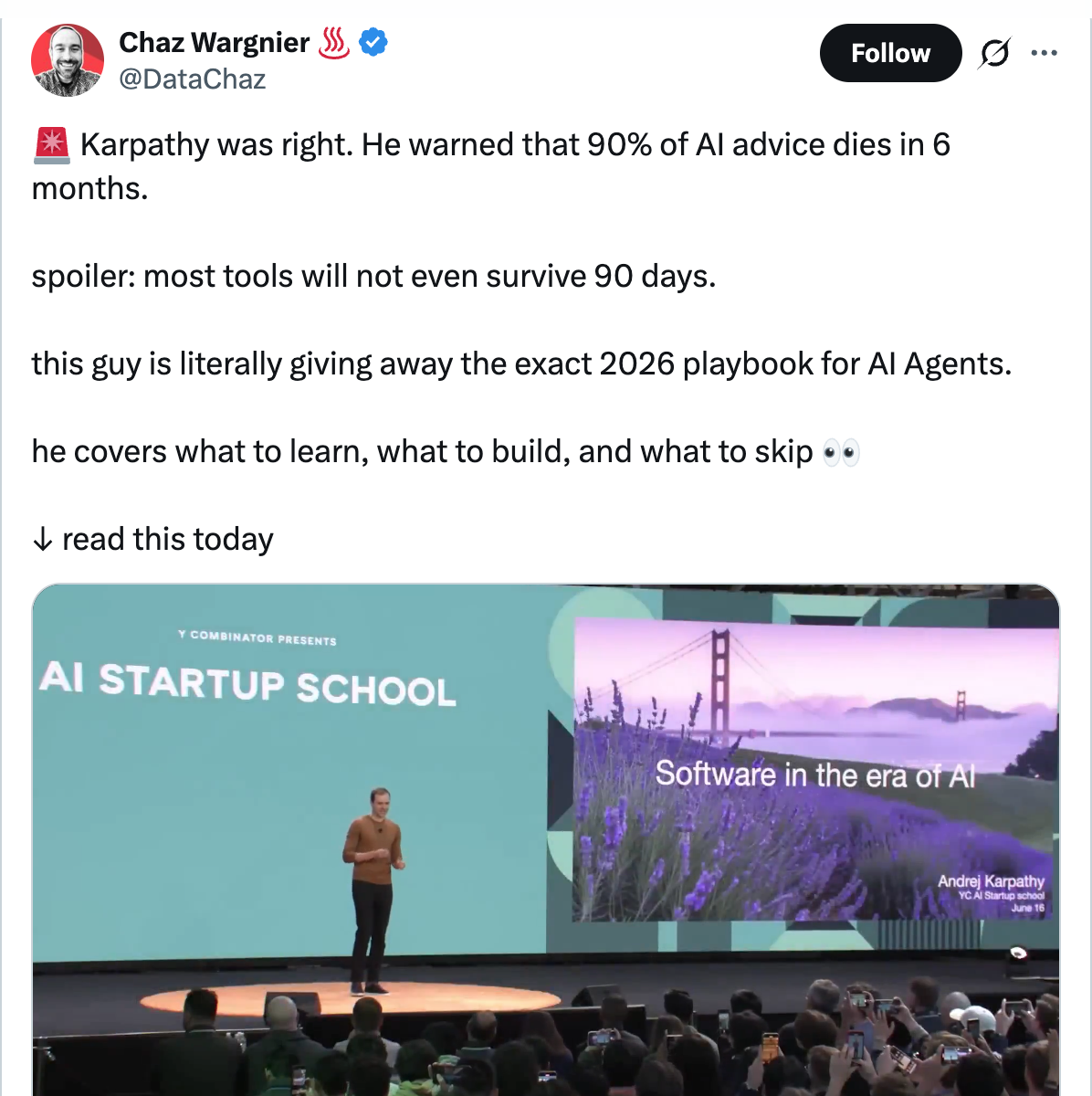 Charly Wargnier on X — Karpathy is literally giving away the exact 2026 playbook for AI Agents