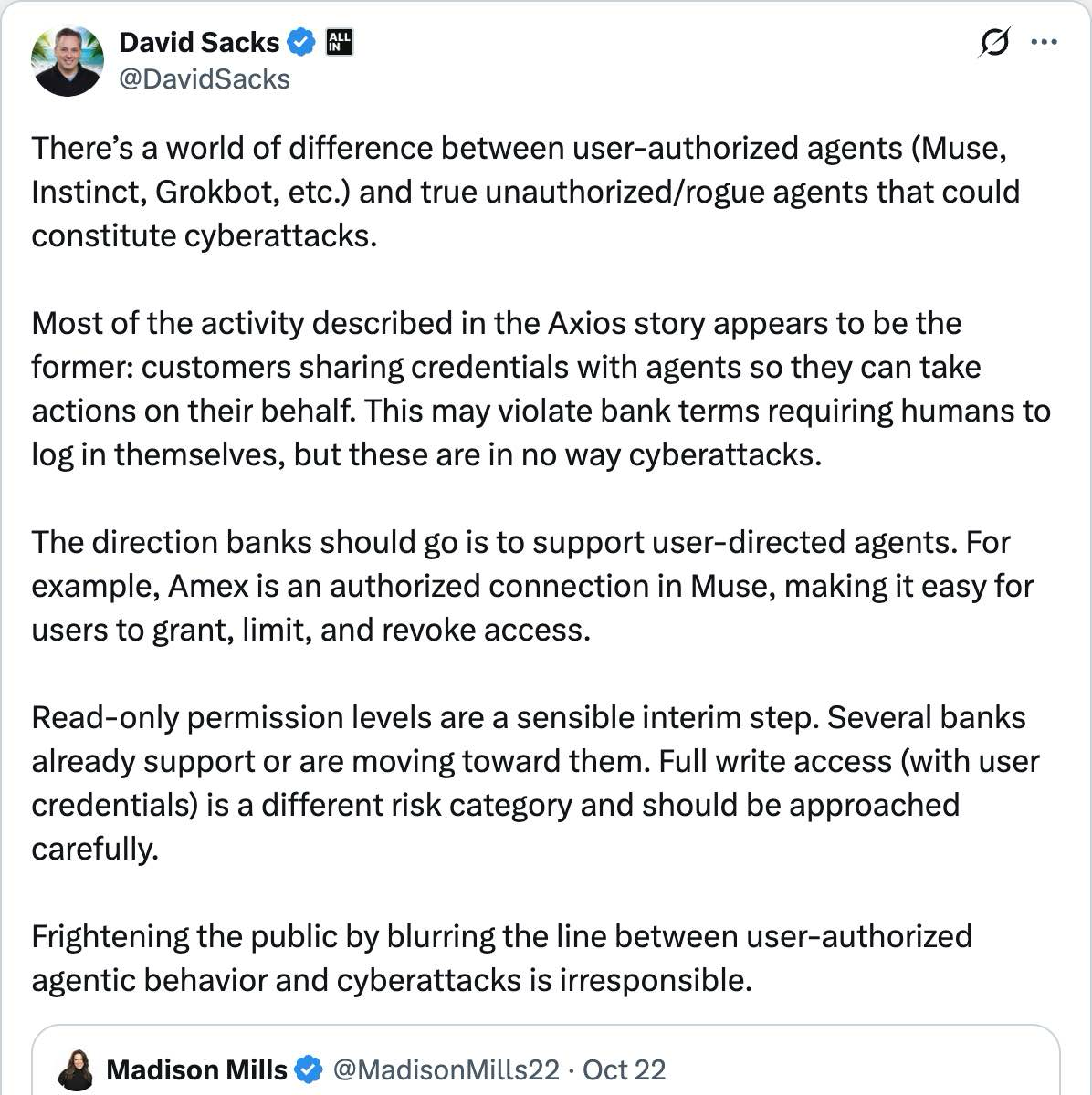 David Sacks on X — there is a world of difference between user-authorized agents and true unauthorized rogue agents
