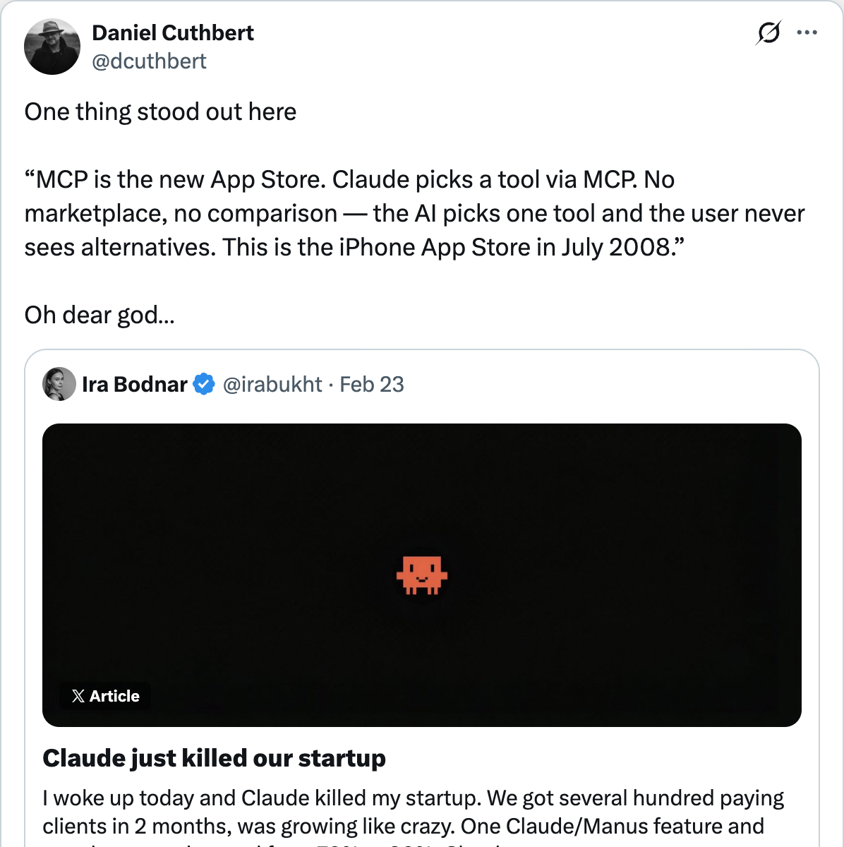 Daniel Cuthbert on X — MCP is the new App Store, Claude picks a tool via MCP with no marketplace or comparison