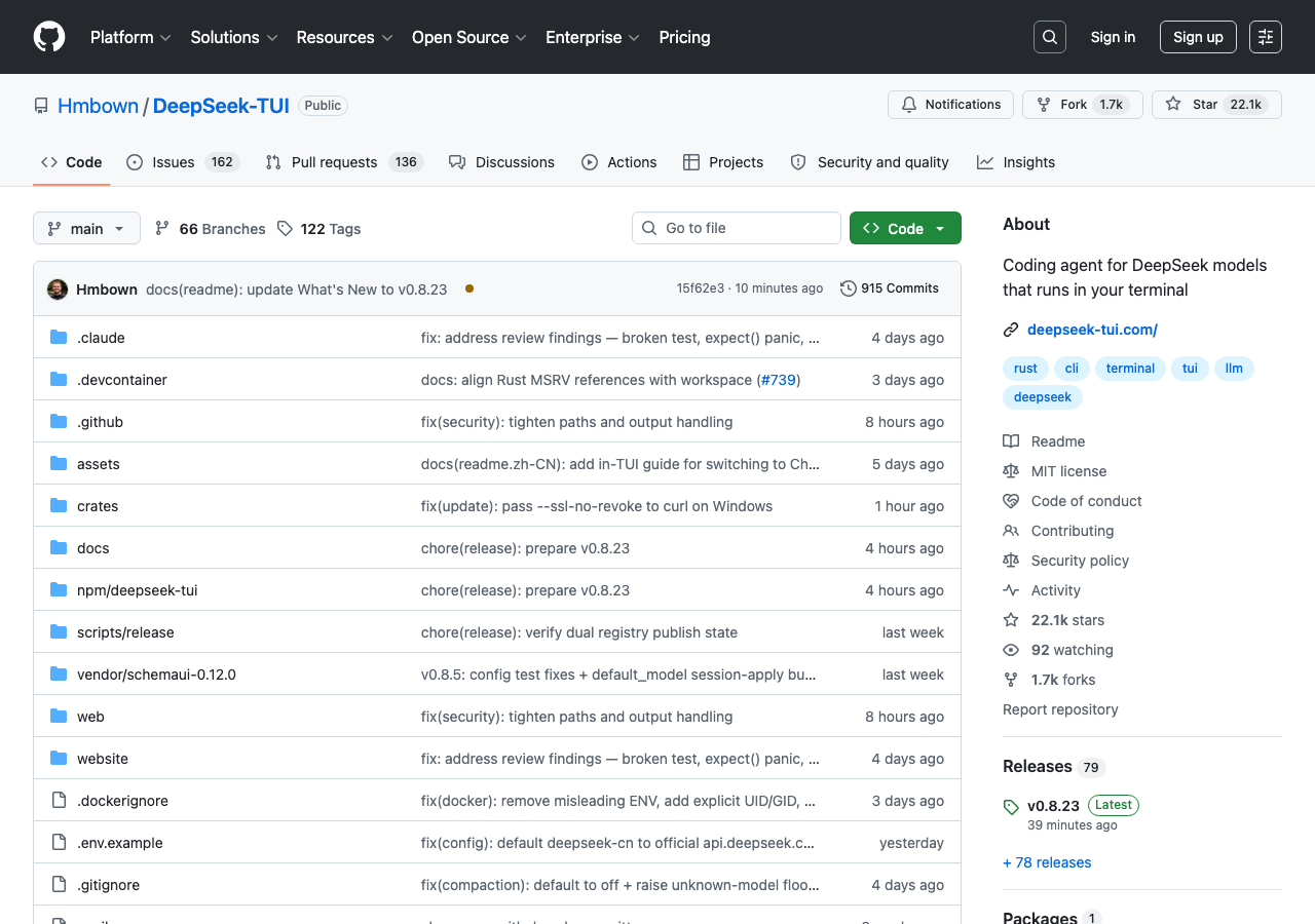 Hmbown/DeepSeek-TUI GitHub repository — Day-2 GitHub trending #1 at 3,827 stars/day — Rust-native terminal coding agent positioned as Claude Code killer