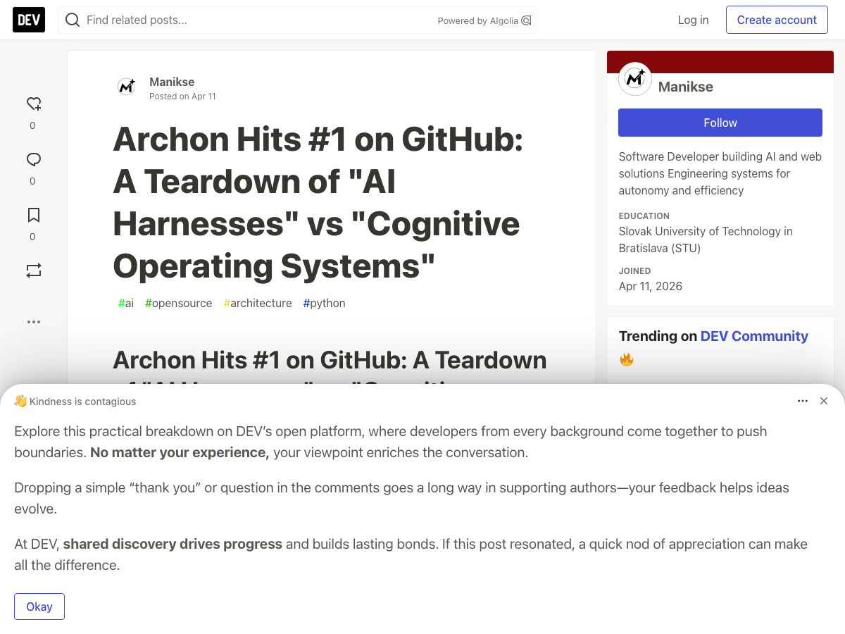 DEV.to: Archon Hits #1 on GitHub — teardown of AI harnesses vs cognitive operating systems