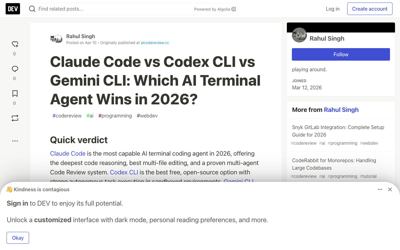 DEV Community comparison: Claude Code vs Codex CLI vs Gemini CLI — which AI terminal agent wins in 2026