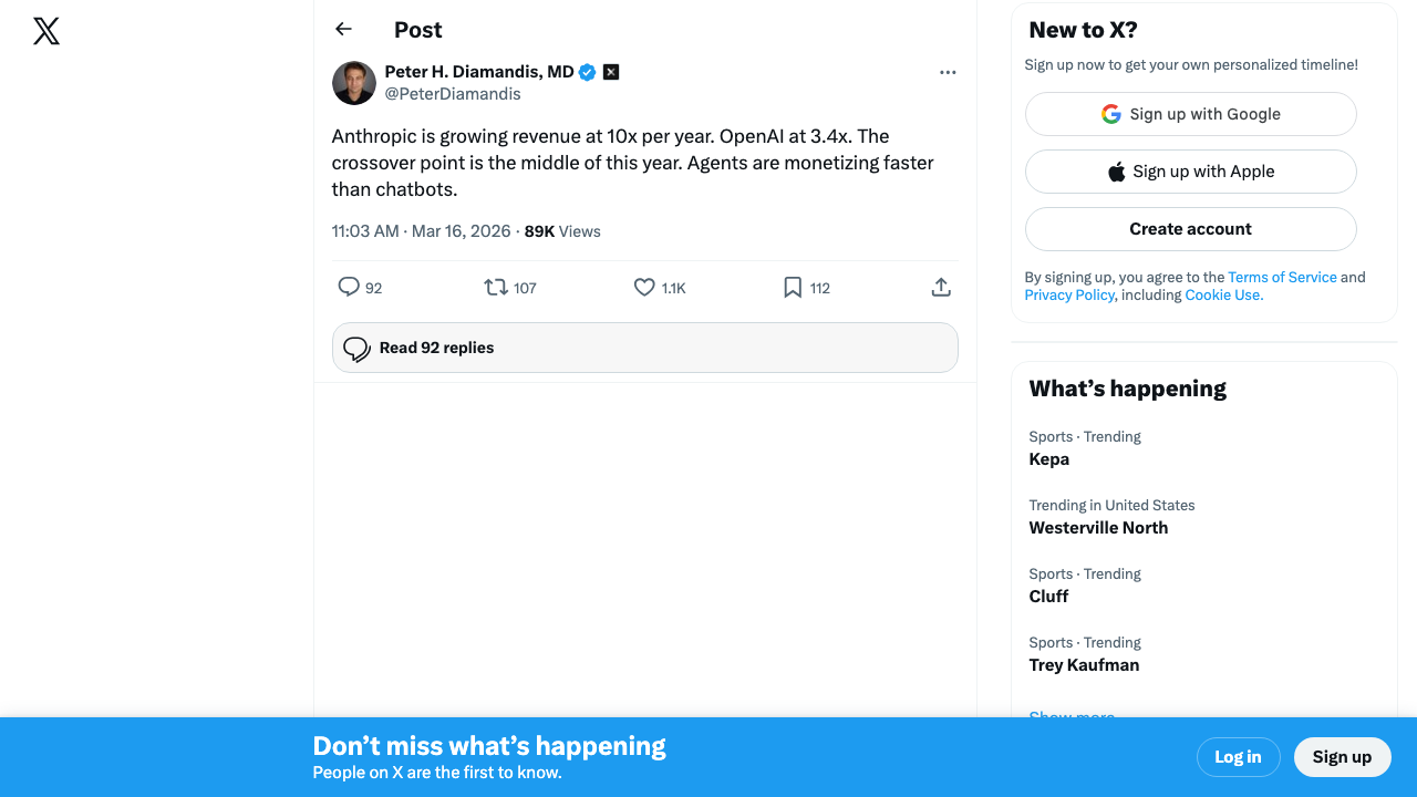 Peter Diamandis on Anthropic's revenue trajectory — agents monetize faster than chatbots