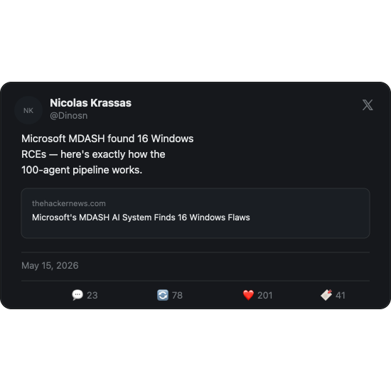 Nicolas Krassas on X — Microsoft MDASH found 16 Windows RCEs, explaining how the 100-agent pipeline works