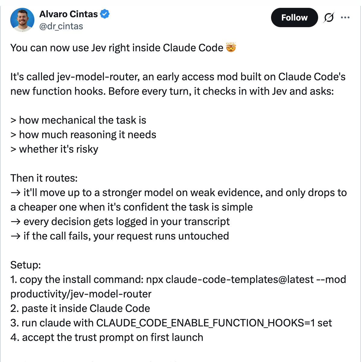 Alvaro Cintas on X: You can now use Jev right inside Claude Code, checking how mechanical the task is, how much reasoning it needs, and whether it is risky before every turn