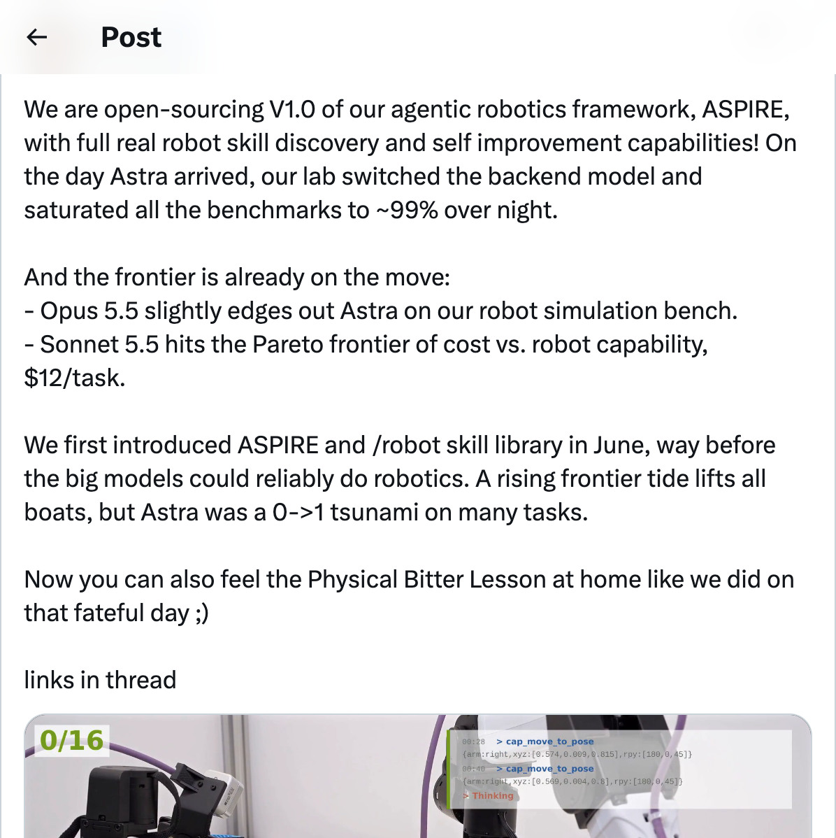 @DrJimFan announcing ASPIRE v1.0 — open-sourced agentic robotics framework with real-robot skill discovery and self-improvement — 529 likes