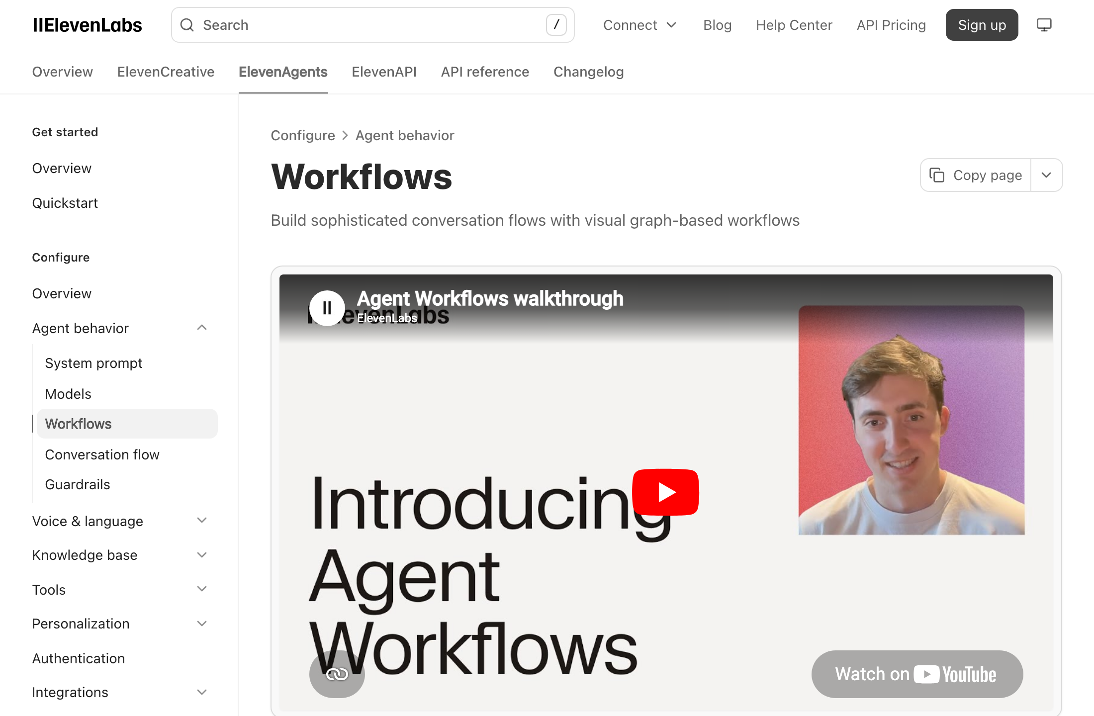 ElevenLabs documentation page — Agent Workflows visual editor with branching conversation graph nodes for routing, sub-agent dispatch, and conditional logic, May 2026