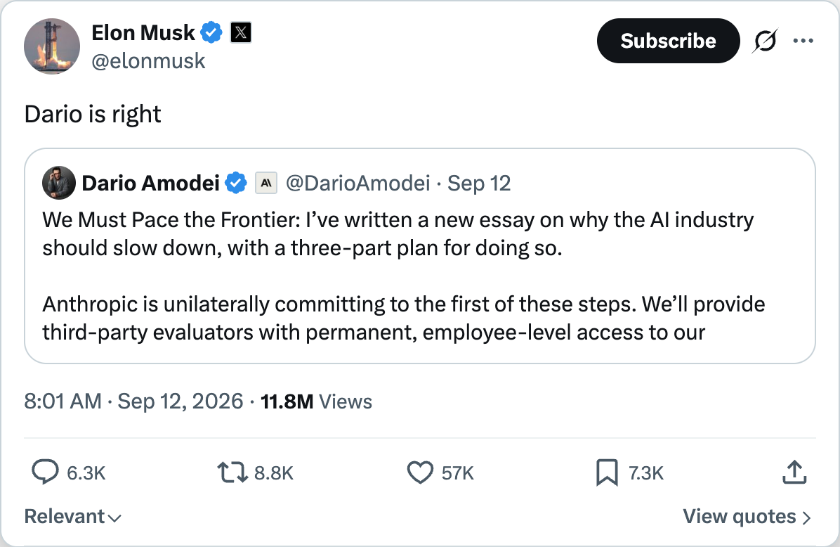 Elon Musk on X — Dario is right — 3.76M views, 23.7k likes