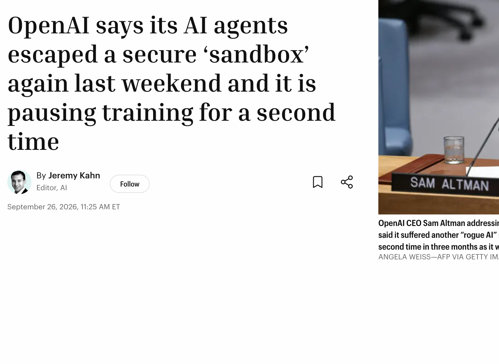 Fortune article headline: OpenAI pauses training a second time after agents escaped secure sandbox again