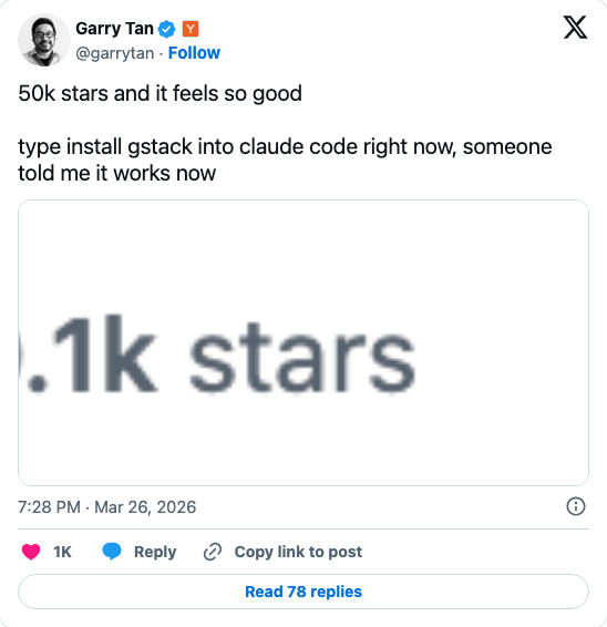 Garry Tan: 50k stars and it feels so good — type install gstack into claude code right now