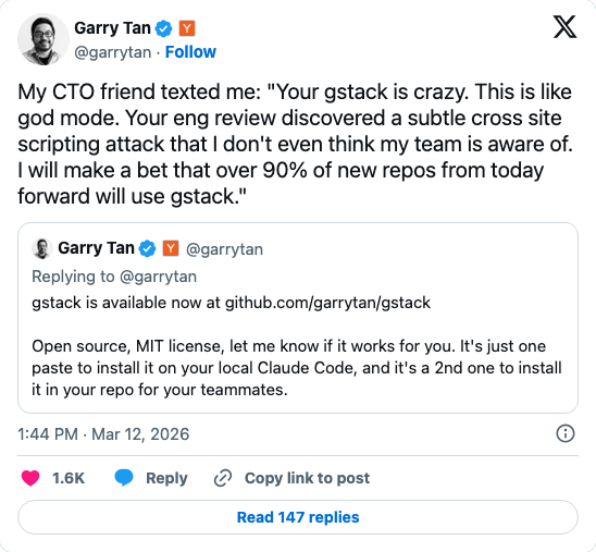Garry Tan quoting a CTO: Your eng review discovered a subtle XSS attack that I don't even think my team is aware of