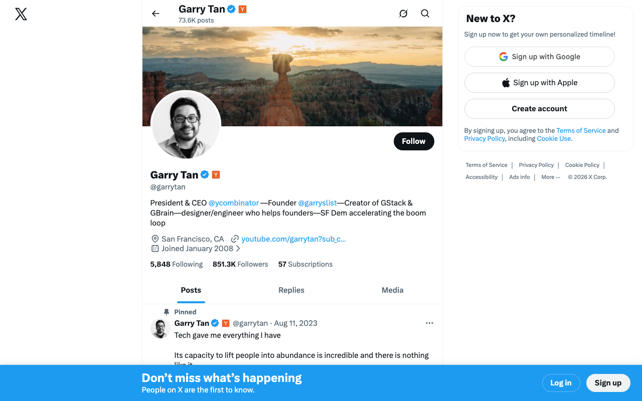 Garry Tan's X profile — the Y Combinator CEO who named the 'harness wars' frame and argues portability is the key strategic question