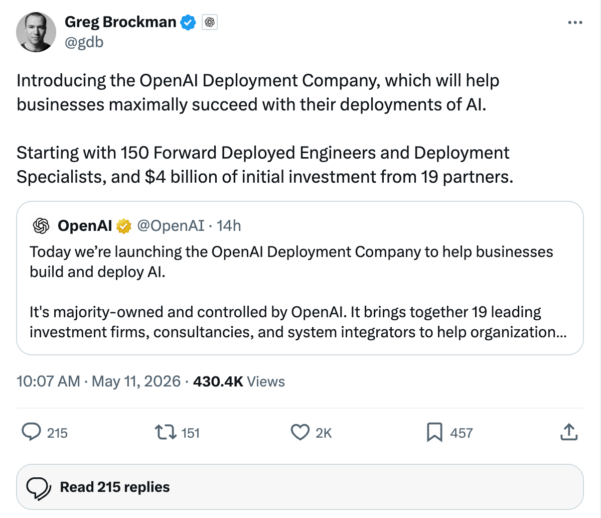 Greg Brockman on X — OpenAI Deployment Company launch announcement: 150 forward-deployed engineers and 4 billion dollars from 19 launch partners, May 2026