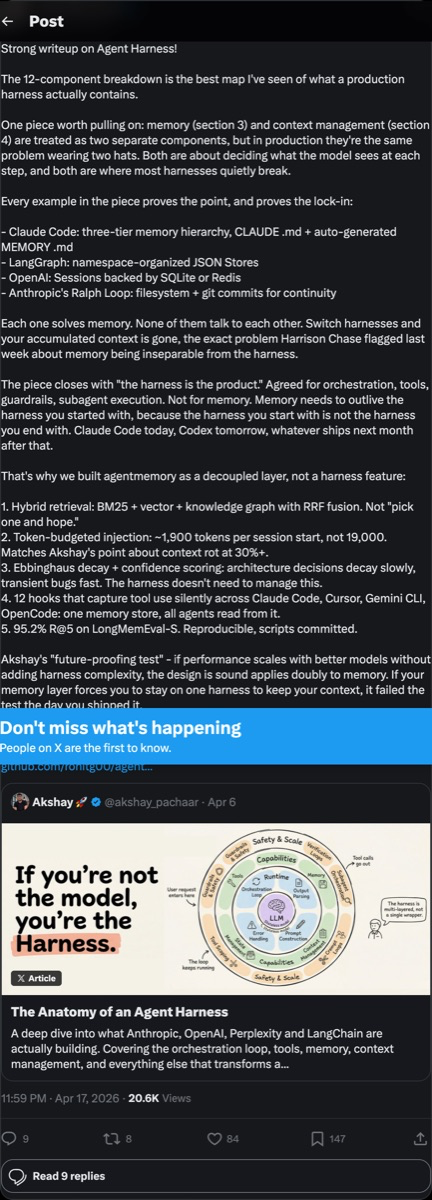 Rohit Ghumare on X — 12-component breakdown of production agent harnesses, showing memory and context management as separate components that collapse into one in production