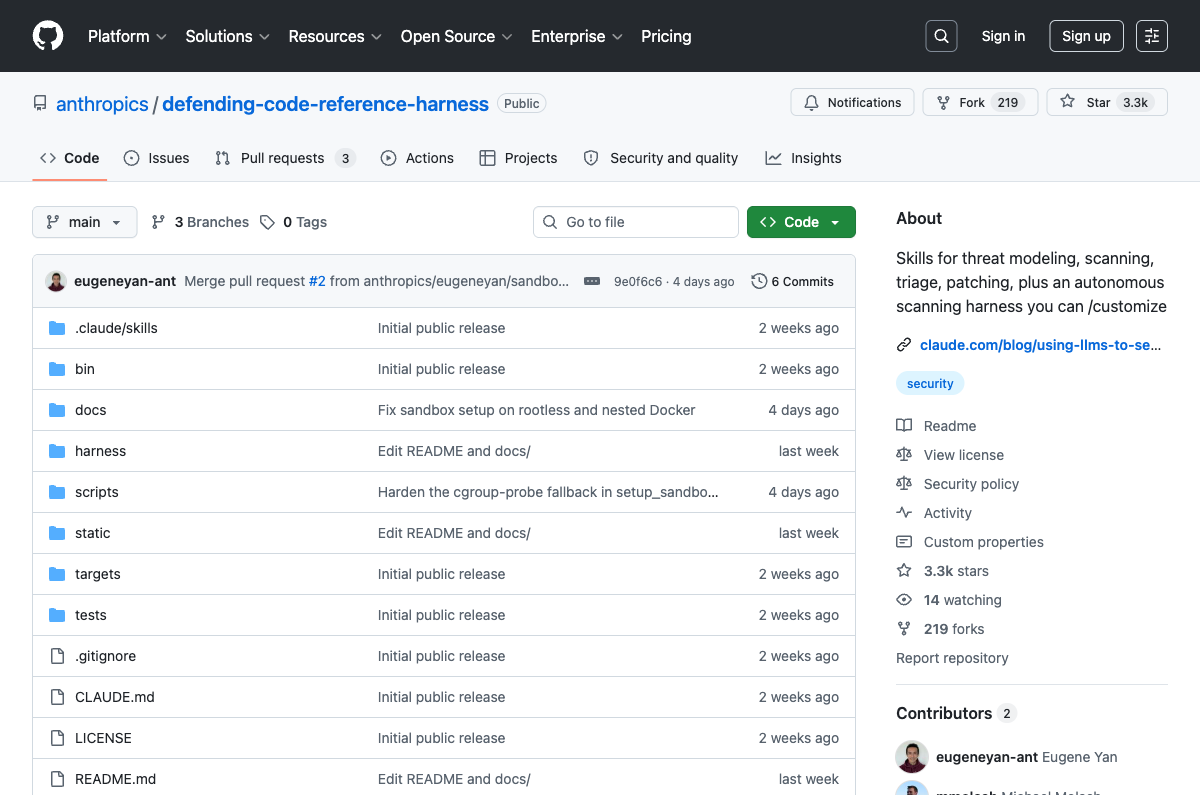 GitHub repository page for anthropics/defending-code-reference-harness showing 2,200+ stars — open-source AI vulnerability discovery pipeline