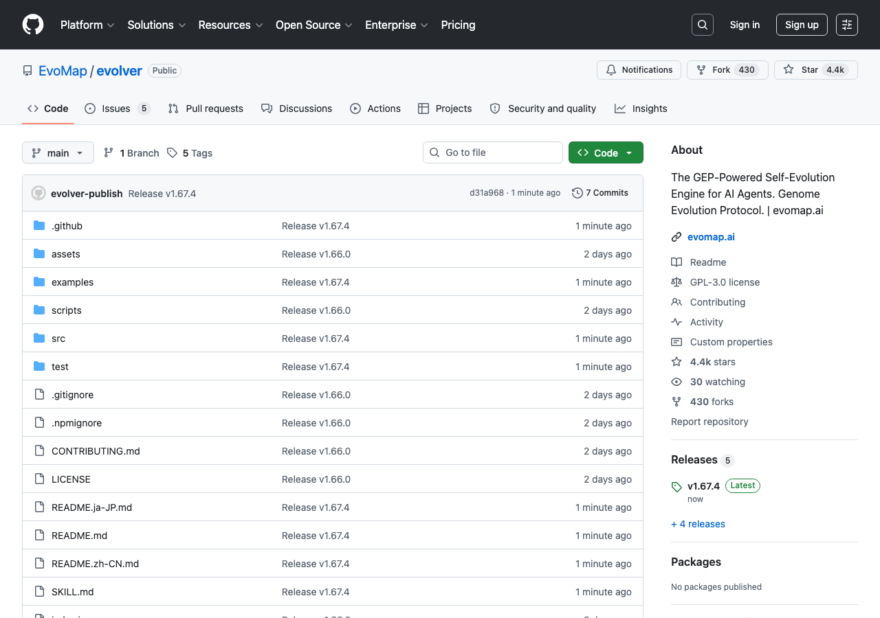 EvoMap/evolver GitHub repository — 4,400+ stars, Genome Evolution Protocol for AI agents