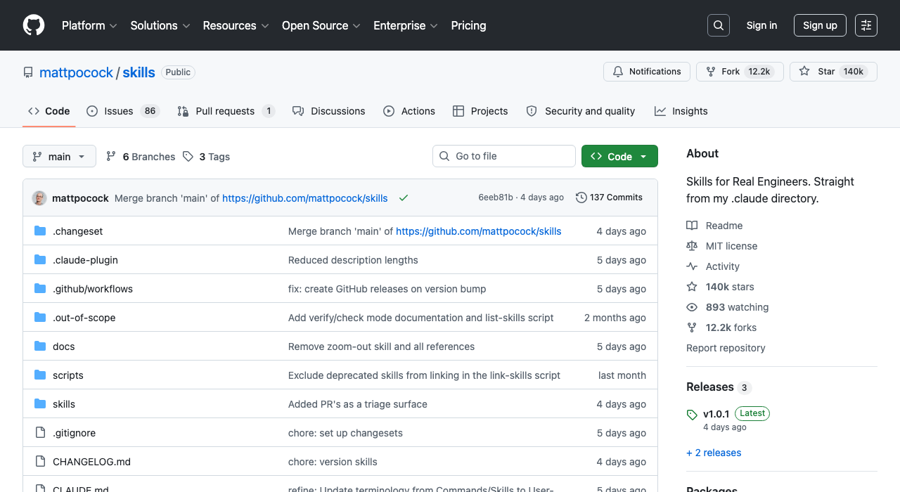GitHub mattpocock/skills — 139k stars, Skills for Real Engineers, straight from .claude directory