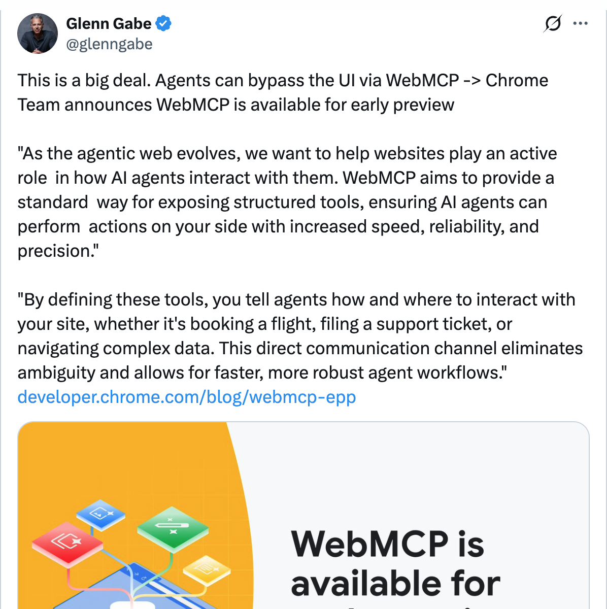 Glenn Gabe on X — This is a big deal. Agents can bypass the UI via WebMCP. Chrome Team announces WebMCP is available for early preview.