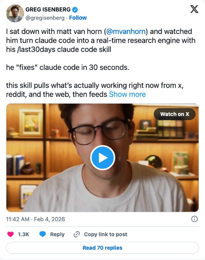 Greg Isenberg on X: last30days turns Claude Code into a real-time research engine