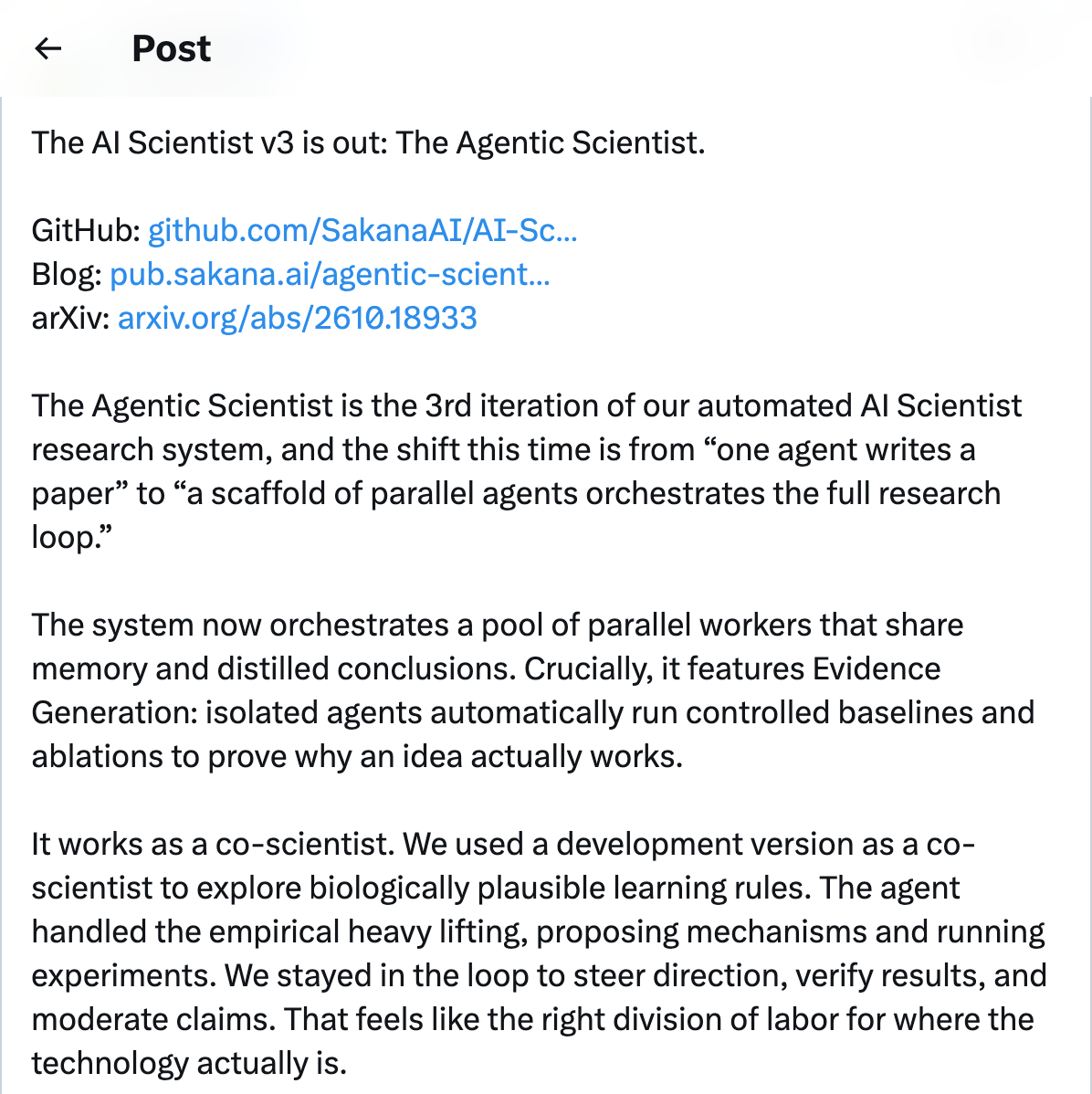 @hardmaru announcing AI Scientist v3 The Agentic Scientist shipped with GitHub, blog, and arXiv — 1.7K likes