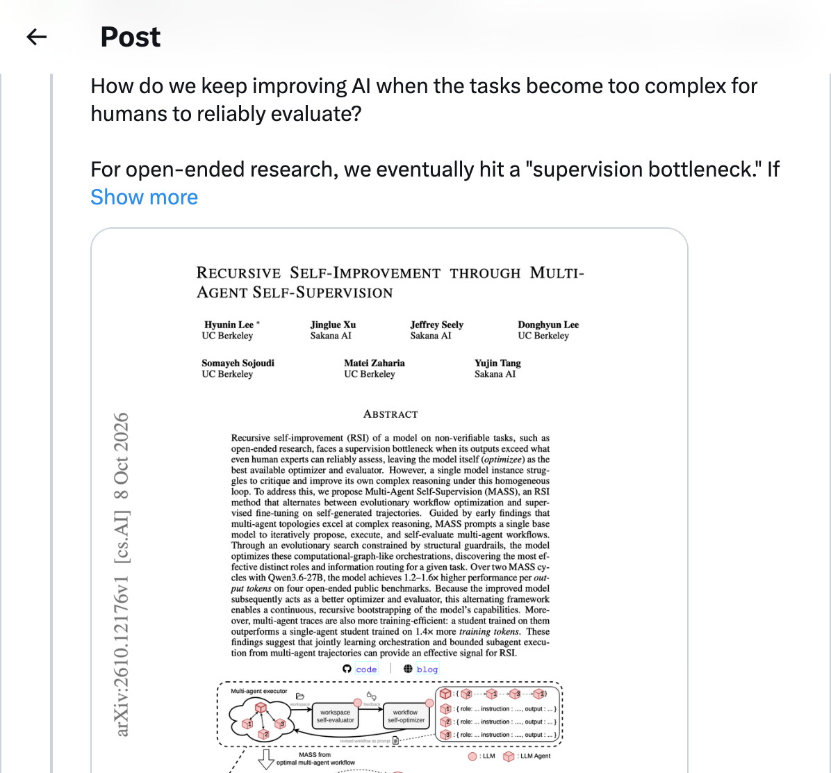 @hardmaru sharing the MASS blog post — Multi-Agent Self-Supervision for recursive self-improvement through collective intelligence