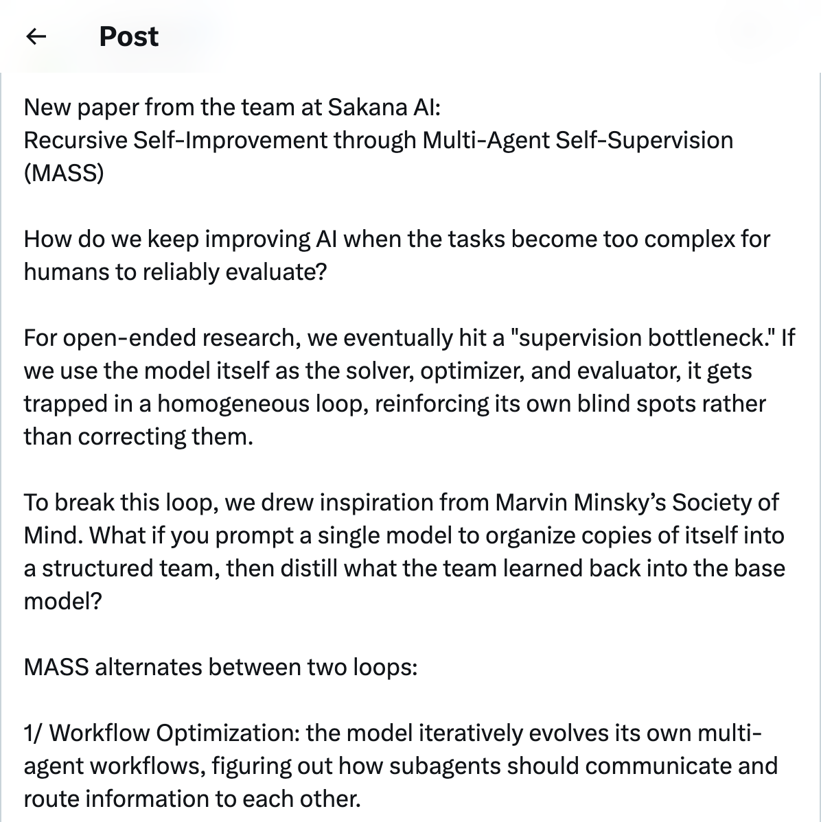 @hardmaru announcing Sakana AI's MASS paper — Recursive Self-Improvement through Multi-Agent Self-Supervision