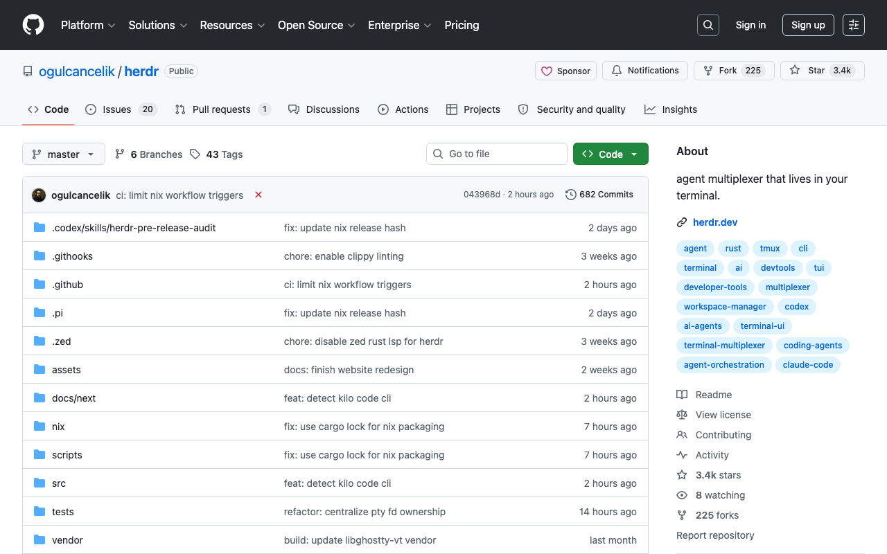 Herdr GitHub repository — agent multiplexer that lives in your terminal, with tiled panes and workspace management