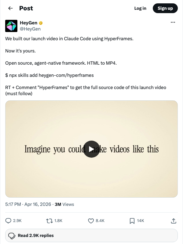 HeyGen on X — We built our launch video in Claude Code using HyperFrames. Now it's yours. Open source, agent-native framework. HTML to MP4.