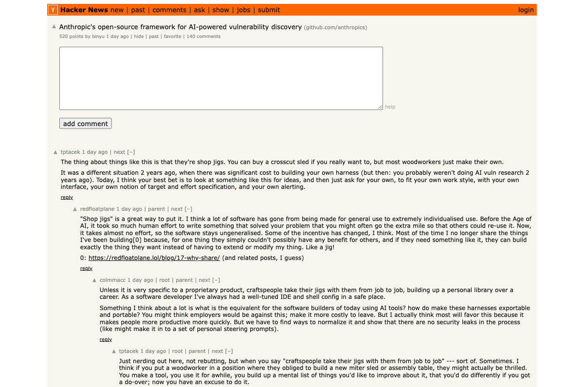 Hacker News thread — Anthropic's open-source framework for AI-powered vulnerability discovery, 504 points, 140+ comments
