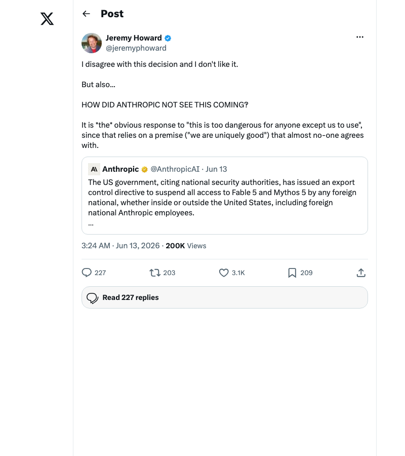 Jeremy Howard tweet asking how Anthropic did not see this coming
