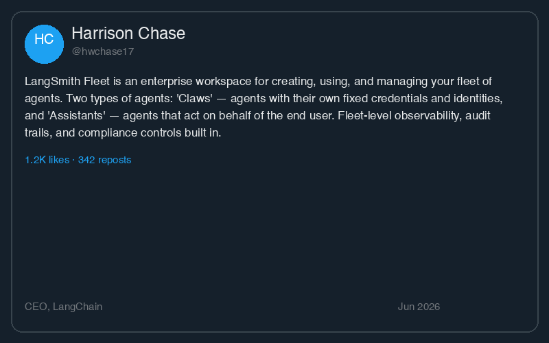 Harrison Chase announcing LangSmith Fleet — an enterprise workspace for creating, using, and managing agent fleets