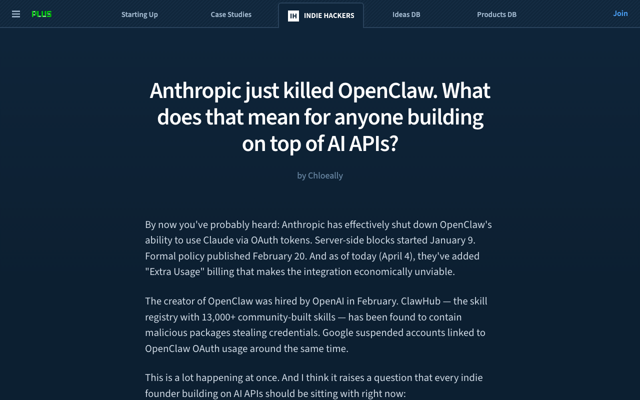 Indie Hackers — platform risk is the defining concern of the agentic ecosystem in 2026