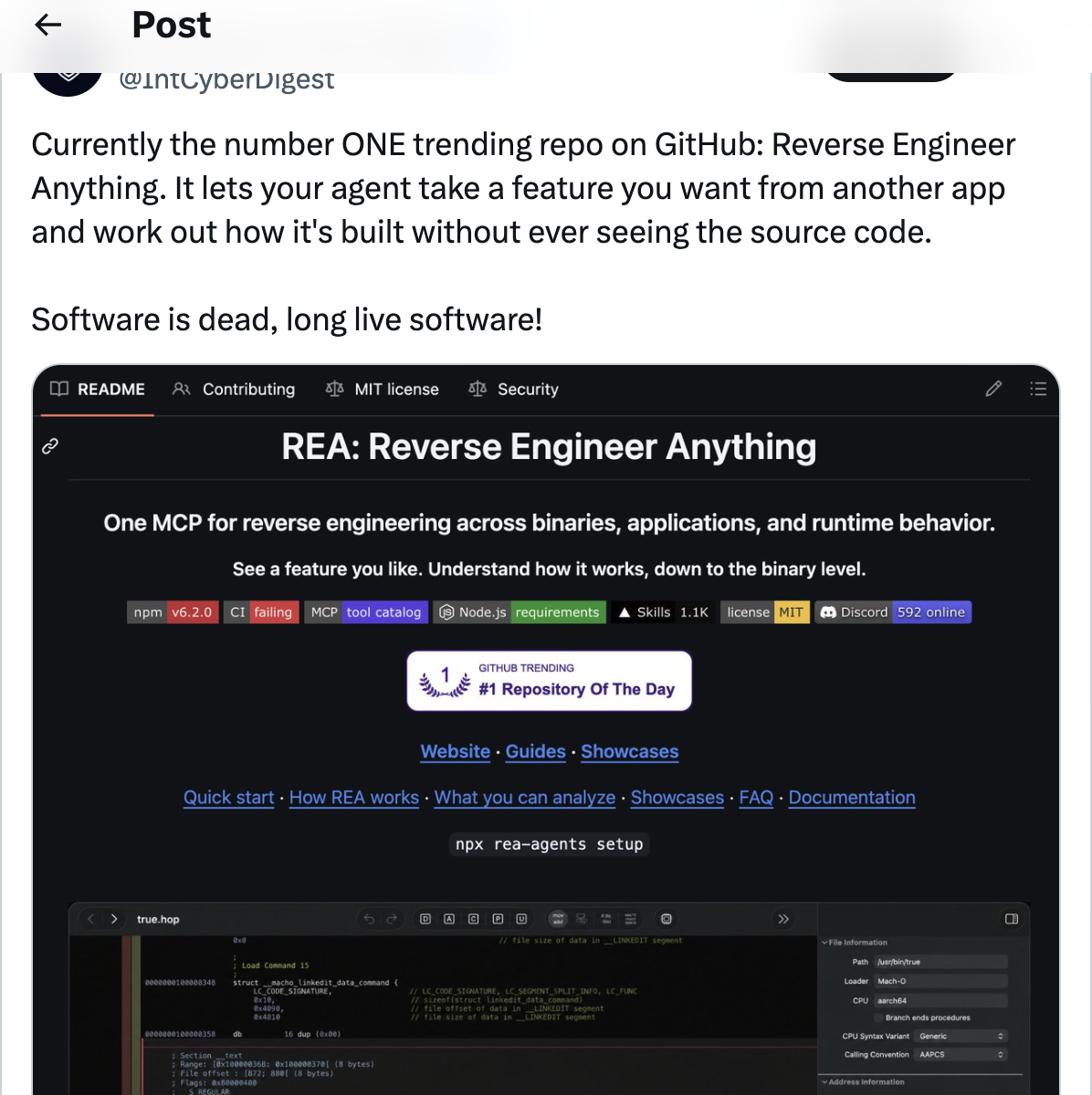 International Cyber Digest on X — REA is the number one trending repo on GitHub, calling it a tool that lets agents reverse engineer app features without source code