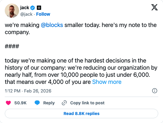 Jack Dorsey tweet announcing Block layoffs — 4,000 jobs cut