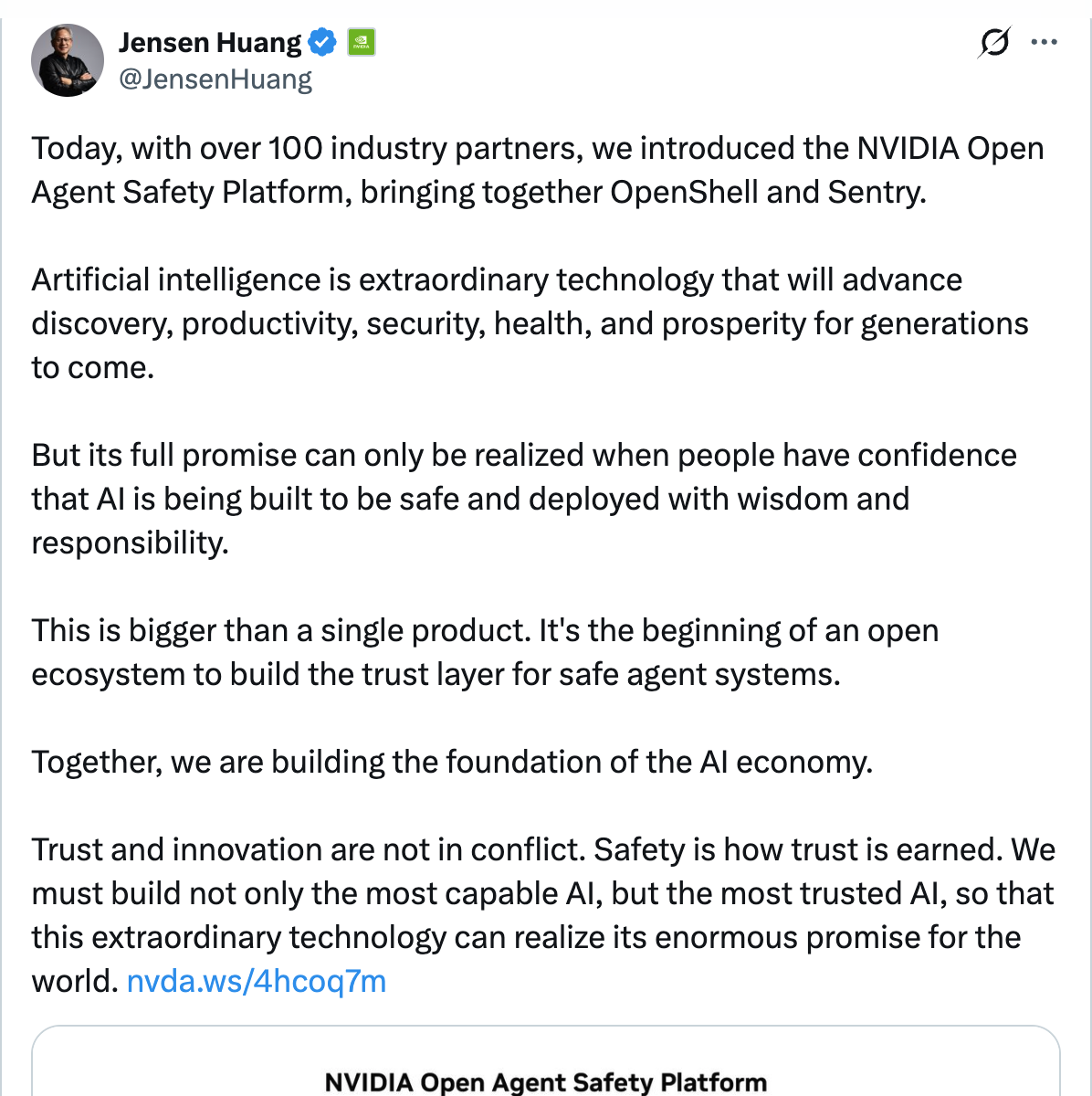 Jensen Huang on X — Today, with over 100 industry partners, we introduced the NVIDIA Open Agent Safety Platform
