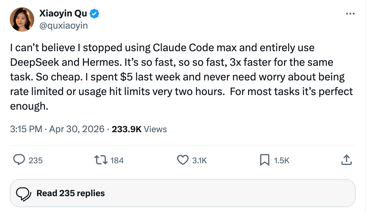 @jeremyphoward re-amps a user dropping Claude Code Max for DeepSeek + Hermes