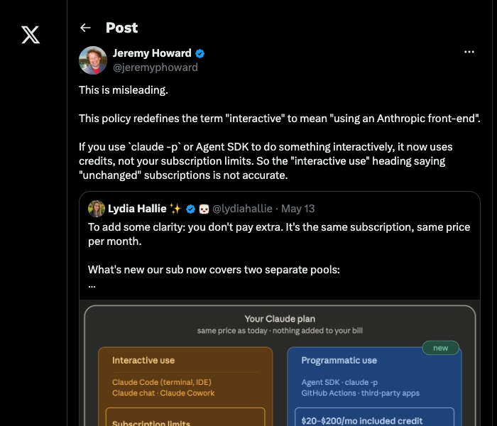 Jeremy Howard tweet: This is misleading — redefines interactive to mean using Anthropic front-end