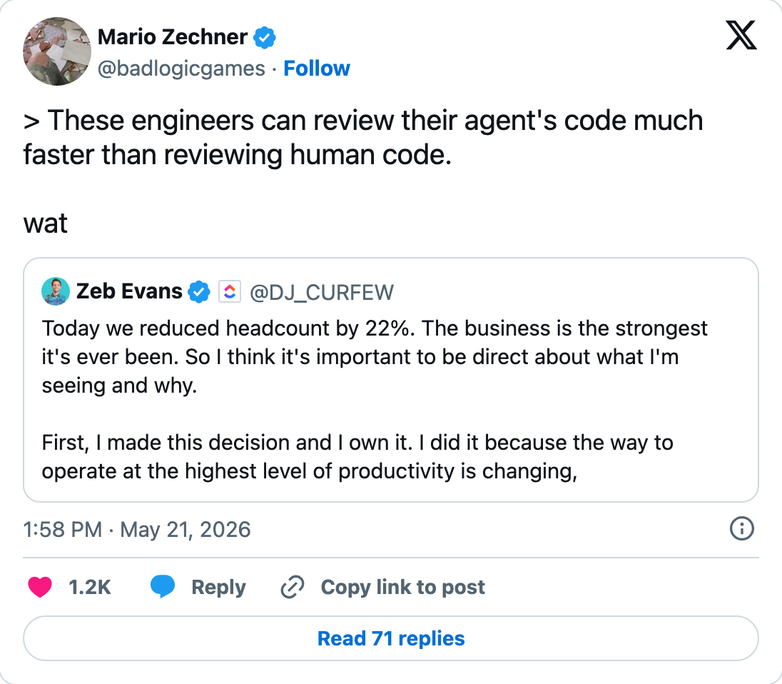 @jeremyphoward replying wat to an engineer claim that agents are faster to review than humans