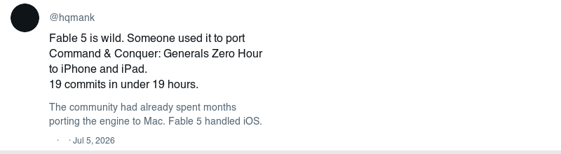 Kai tweet noting Fable 5 handled the C&C Generals iOS port in 19 commits under 19 hours while the community had spent months on the Mac port